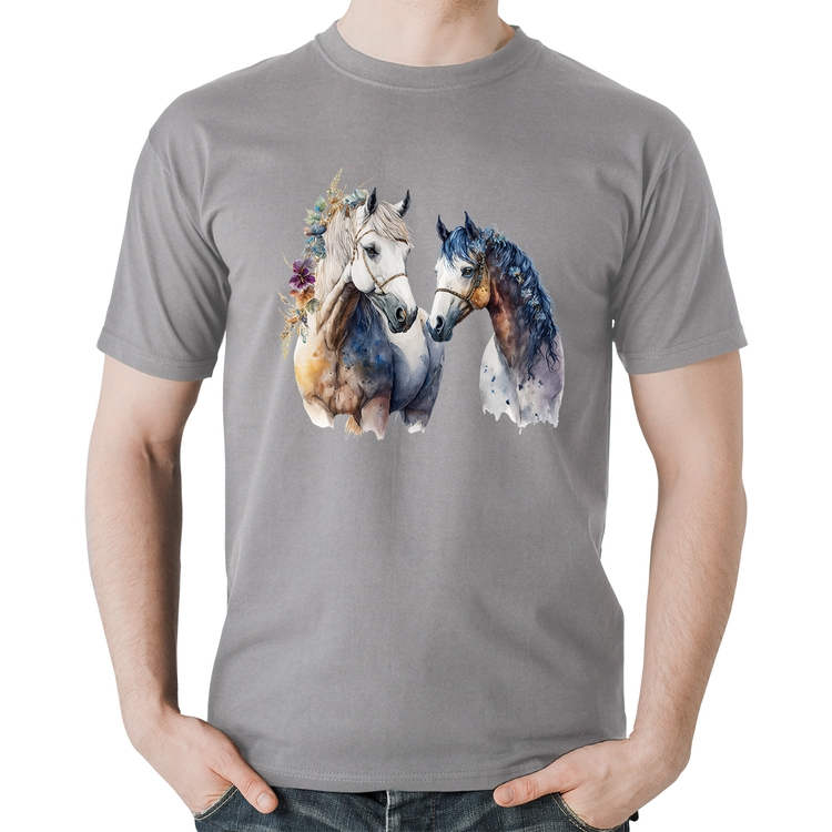 Camiseta Algodão Casal de Cavalos Watercolor - Cinza