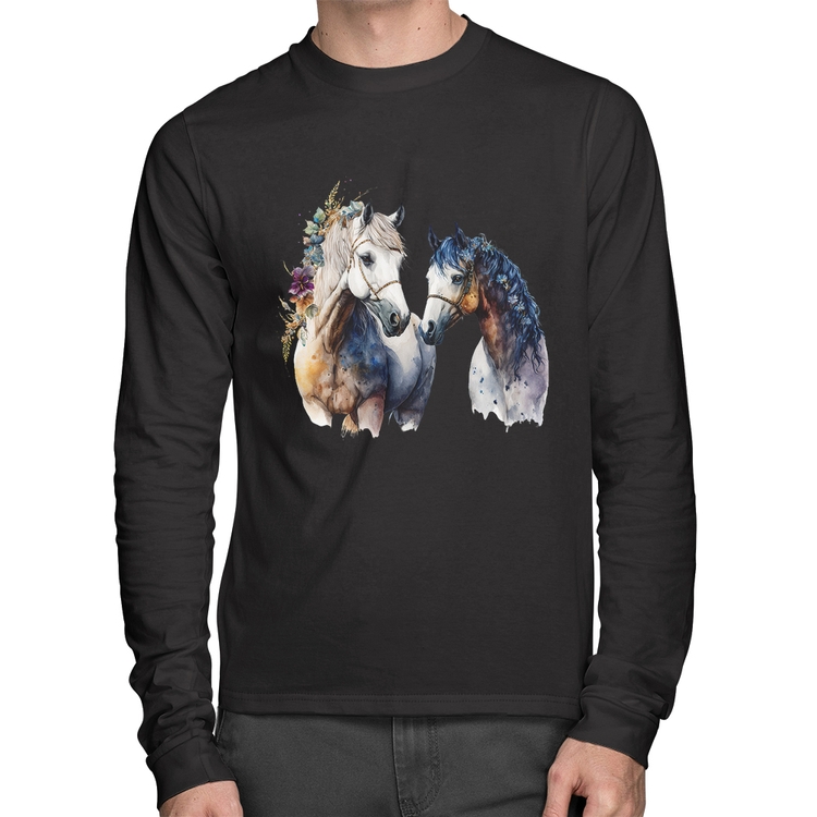 Camiseta Algodão Casal de Cavalos Watercolor Manga Longa