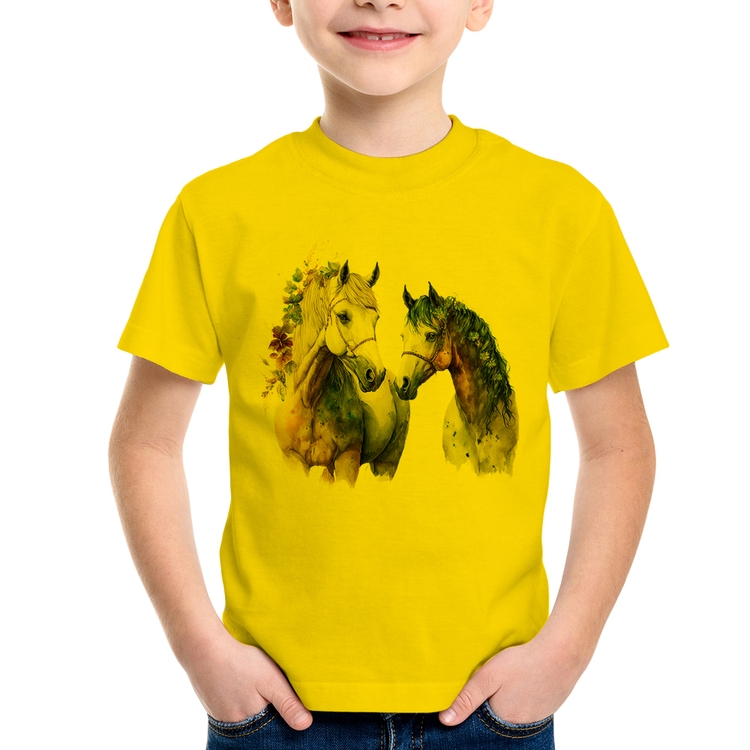 Camiseta Infantil Casal de Cavalos Watercolor - Amarela