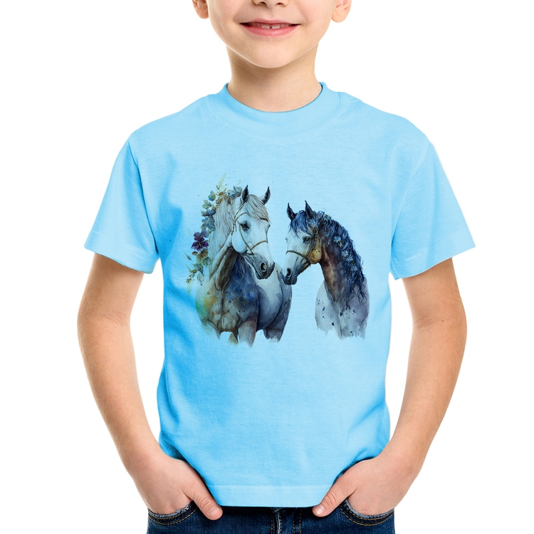 Camiseta Infantil Casal de Cavalos Watercolor - Azul Bebê
