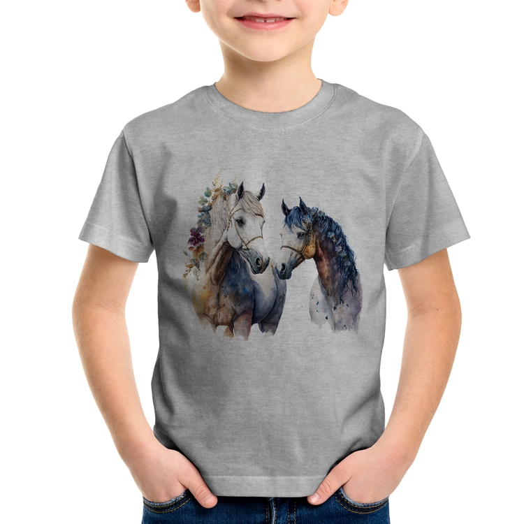 Camiseta Infantil Casal de Cavalos Watercolor - Cinza