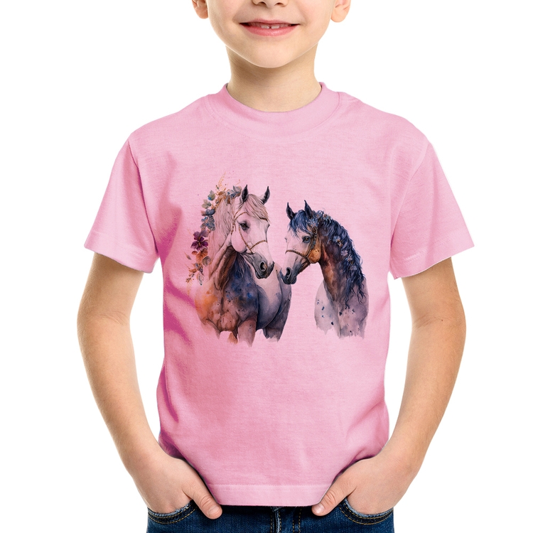Camiseta Infantil Casal de Cavalos Watercolor - Rosa Bebê