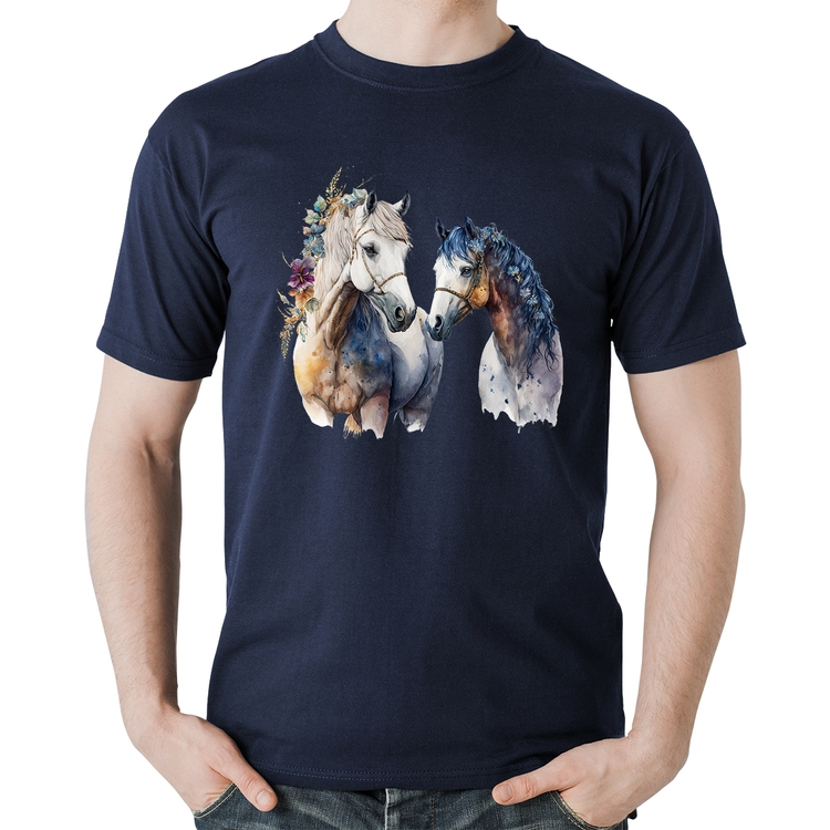 Camiseta Algodão Casal de Cavalos Watercolor - Marinho