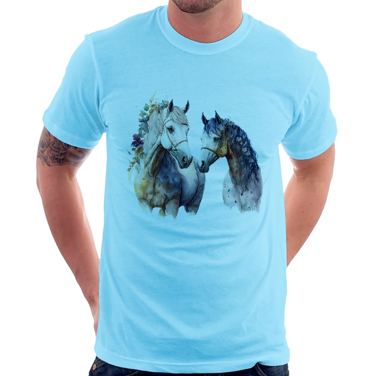 Camiseta Casal de Cavalos Watercolor - Azul Bebê