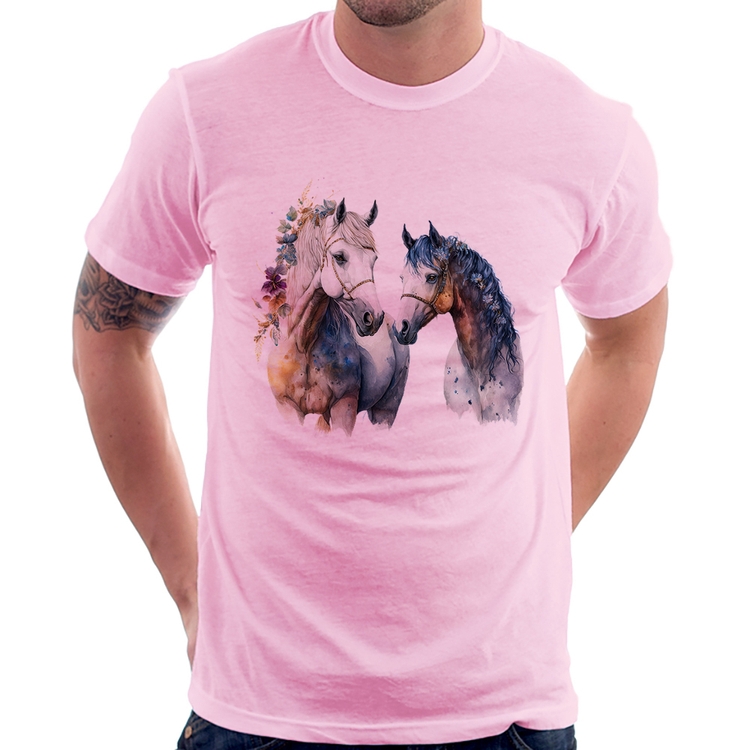 Camiseta Casal de Cavalos Watercolor - Rosa Bebê