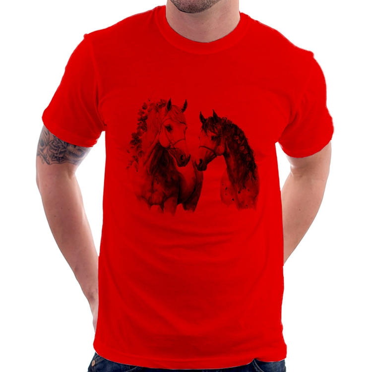 Camiseta Casal de Cavalos Watercolor - Vermelha