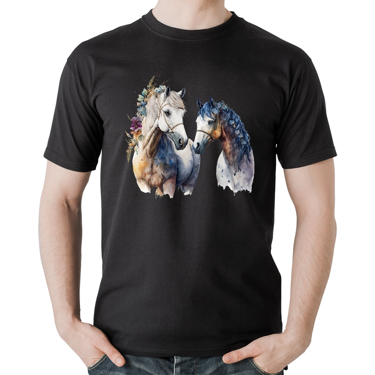 Camiseta Algodão Casal de Cavalos Watercolor