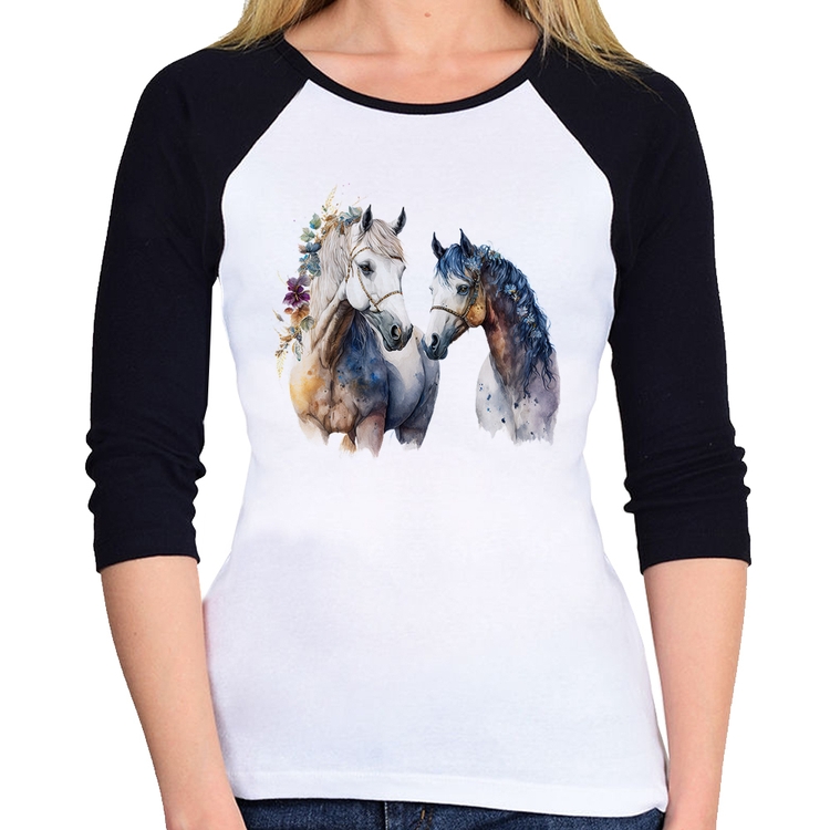 Baby Look Raglan Casal de Cavalos Watercolor Manga 3/4