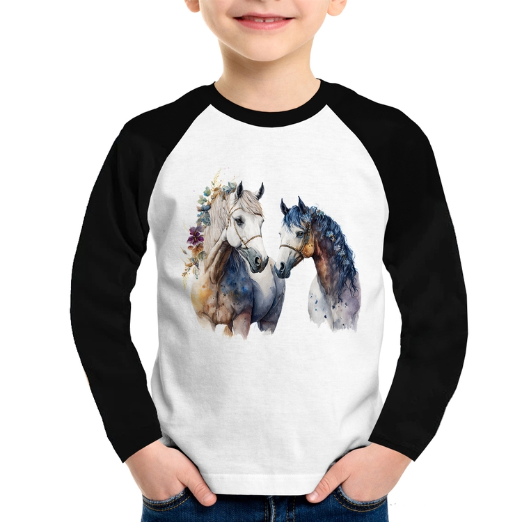 Camiseta Raglan Infantil Casal de Cavalos Watercolor Manga Longa