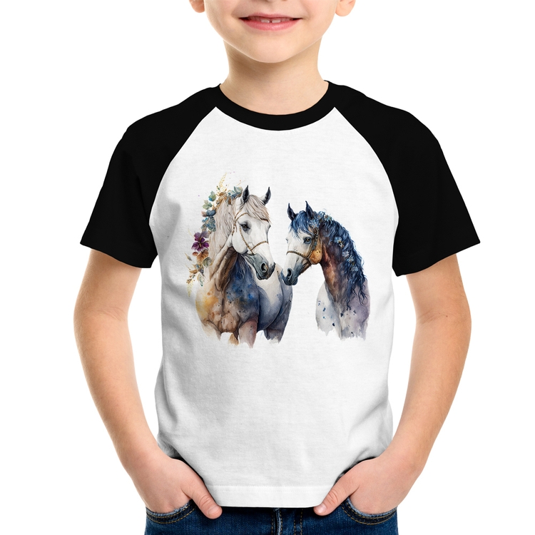 Camiseta Raglan Infantil Casal de Cavalos Watercolor