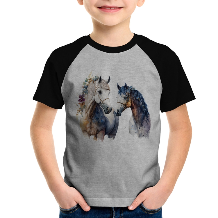 Camiseta Raglan Infantil Casal de Cavalos Watercolor - Cinza/Preto