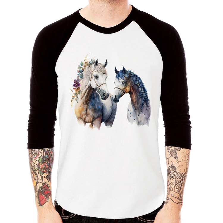 Camiseta Raglan Casal de Cavalos Watercolor Manga 3/4