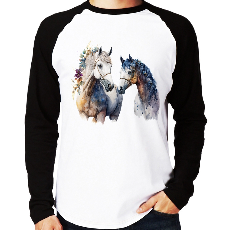 Camiseta Raglan Casal de Cavalos Watercolor Manga Longa