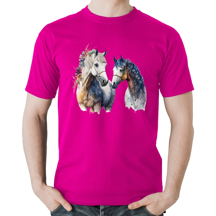 Camiseta Algodão Casal de Cavalos Watercolor - Rosa