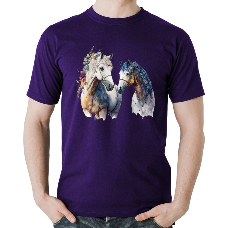 Camiseta Algodão Casal de Cavalos Watercolor - Roxa