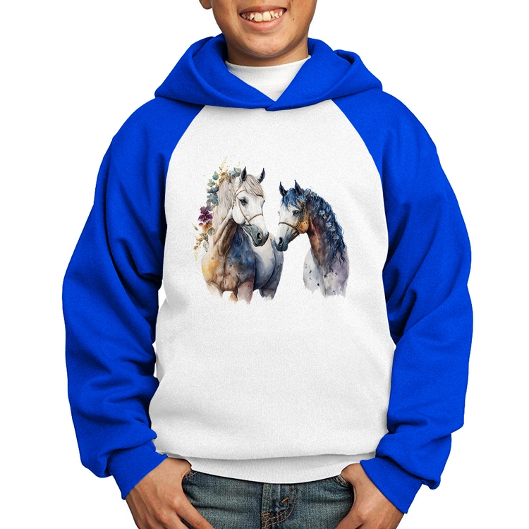 Moletom Infantil Casal de Cavalos Watercolor - Branco/Azul