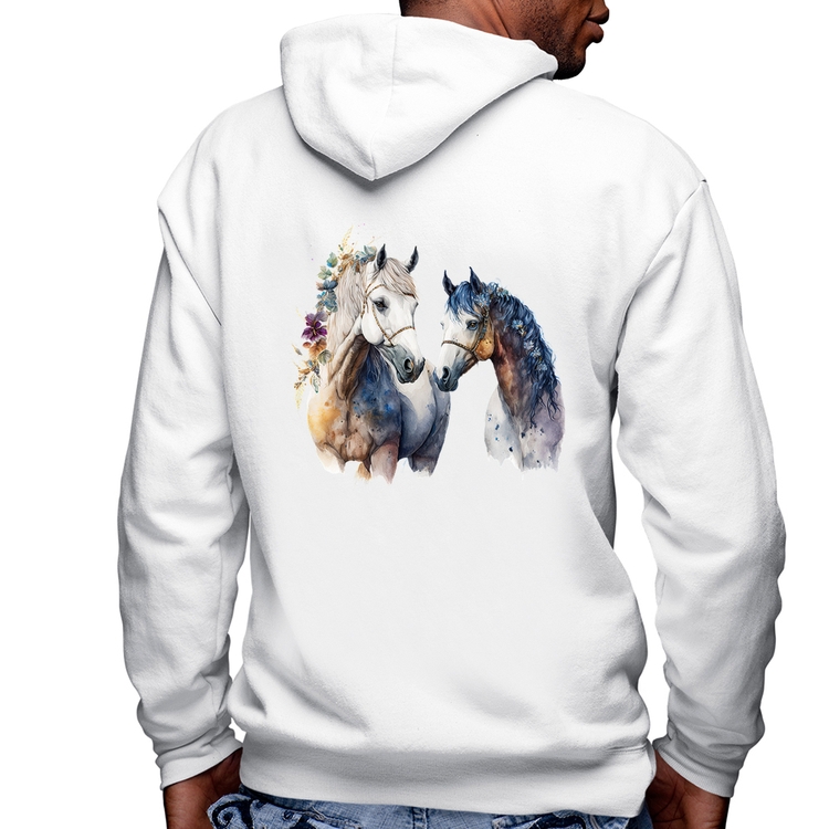 Blusa Moletom Casal de Cavalos Watercolor Masculina com Capuz e Zíper - Branca