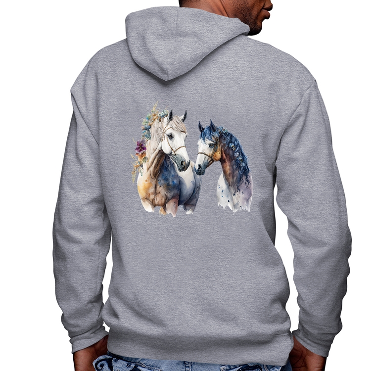 Blusa Moletom Casal de Cavalos Watercolor Masculina com Capuz e Zíper - Mescla