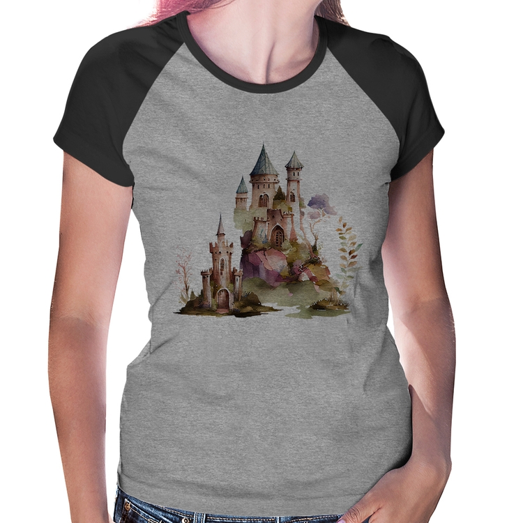 Baby Look Raglan Castelo de Fadas - Cinza/Preto