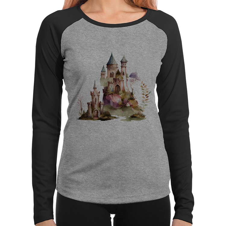 Baby Look Raglan Castelo de Fadas Manga Longa - Cinza/Preto