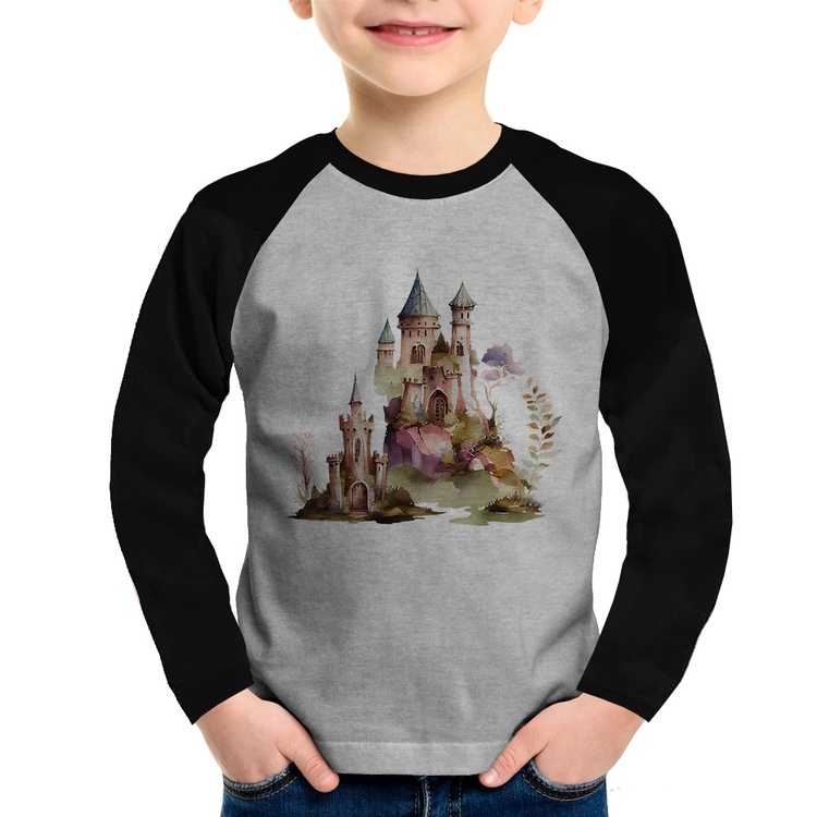 Camiseta Raglan Infantil Castelo de Fadas Manga Longa - Cinza/Preto