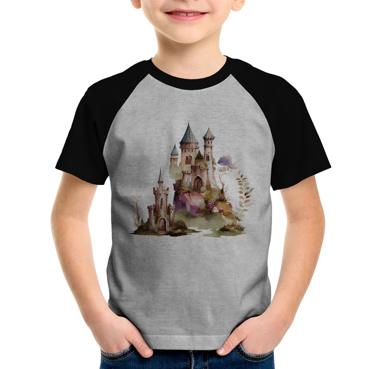 Camiseta Raglan Infantil Castelo de Fadas - Cinza/Preto