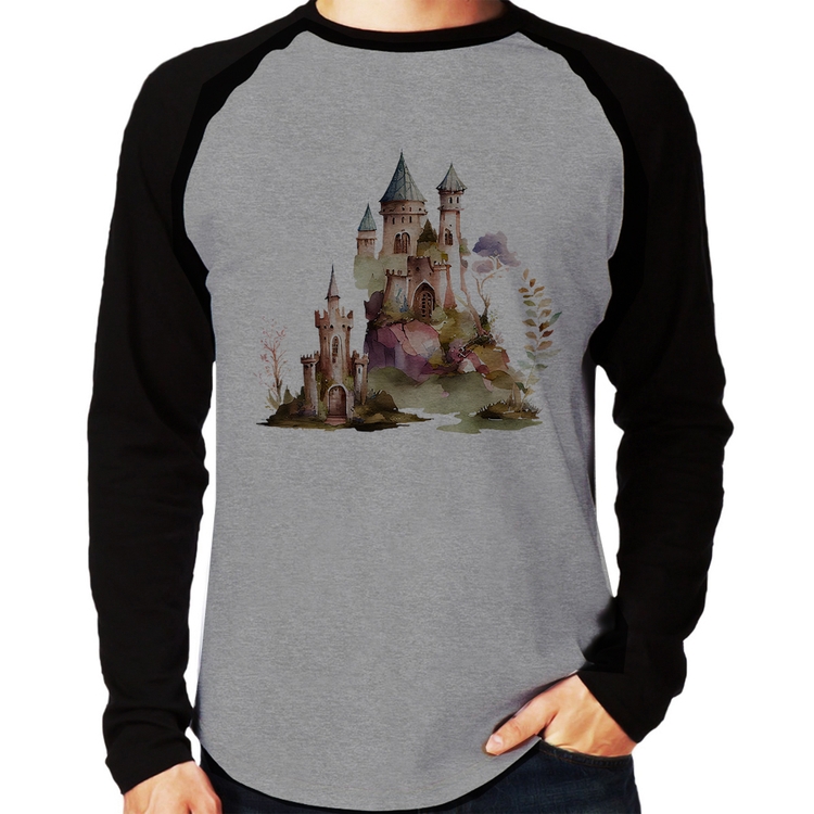 Camiseta Raglan Castelo de Fadas Manga Longa - Cinza/Preto