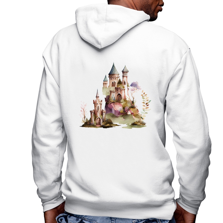 Blusa Moletom Castelo de Fadas Masculina com Capuz e Zíper - Branca