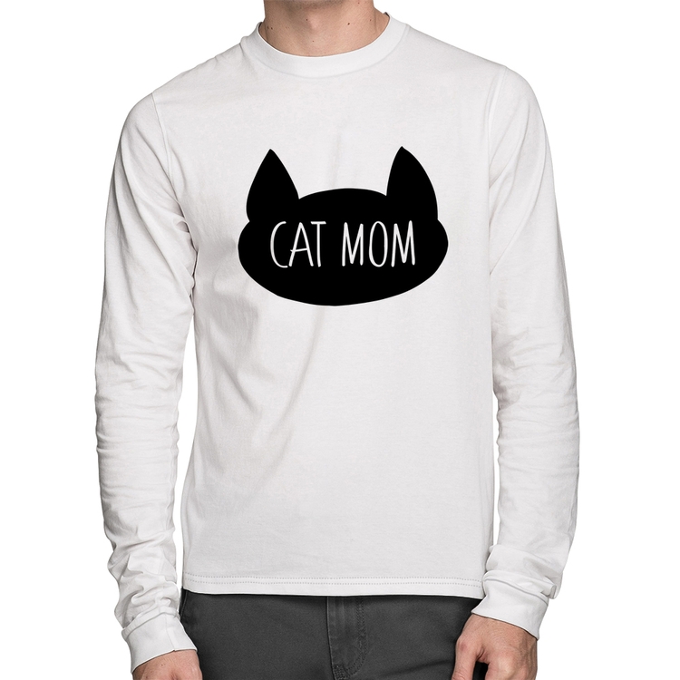 Camiseta Algodão Cat Mom Manga Longa - Branca