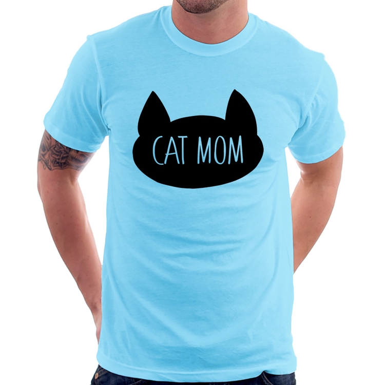 Camiseta Cat Mom - Azul Bebê