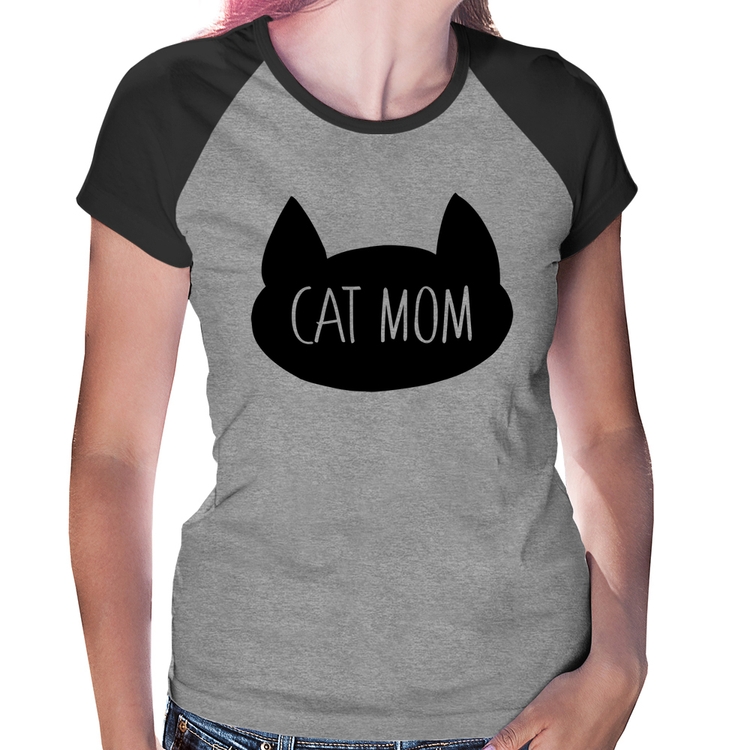 Baby Look Raglan Cat Mom - Cinza/Preto