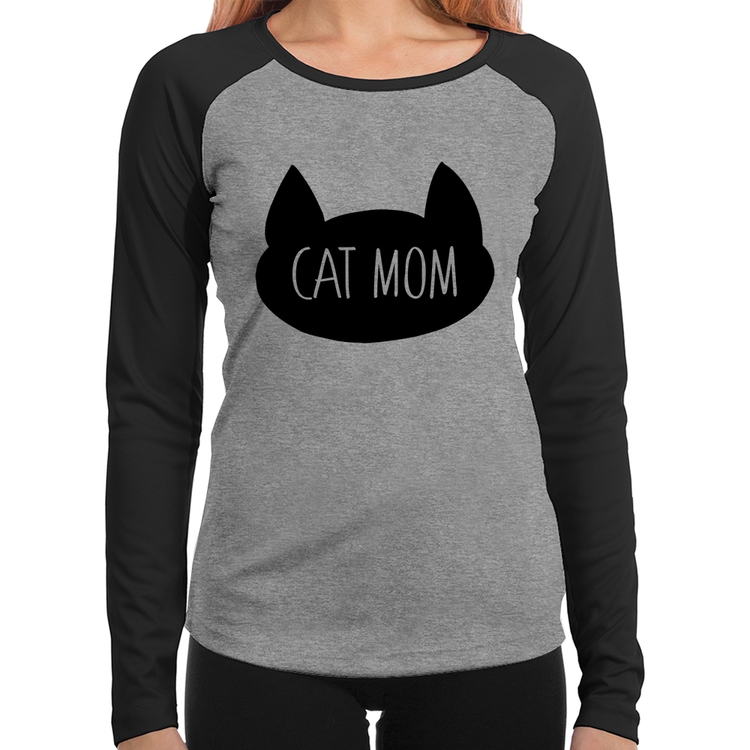 Baby Look Raglan Cat Mom Manga Longa - Cinza/Preto