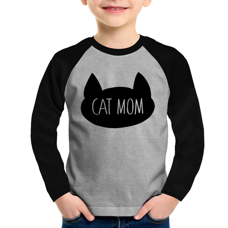 Camiseta Raglan Infantil Cat Mom Manga Longa - Cinza/Preto