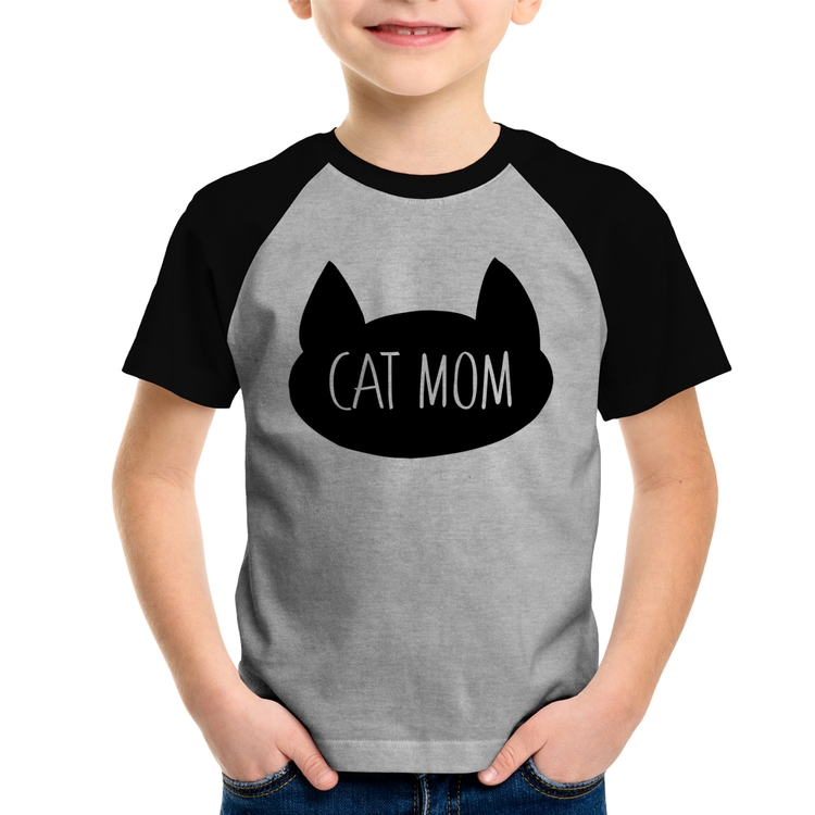 Camiseta Raglan Infantil Cat Mom - Cinza/Preto
