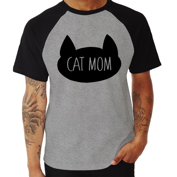 Camiseta Raglan Cat Mom - Cinza/Preto