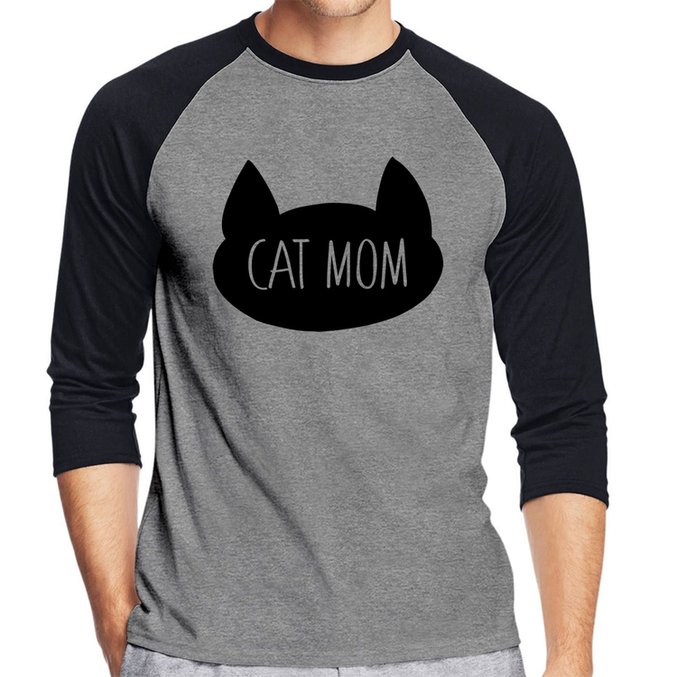 Camiseta Raglan Cat Mom Manga 3/4 - Cinza/Preto