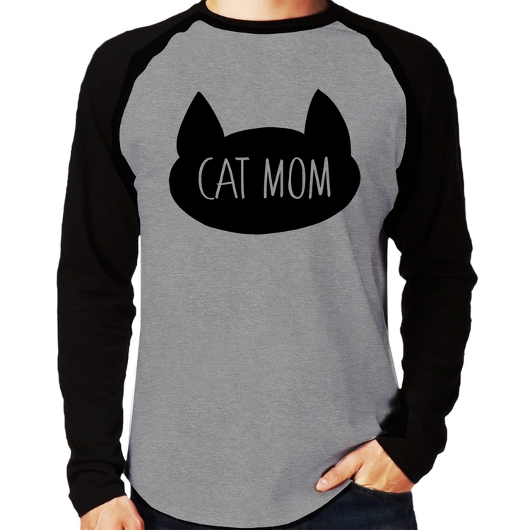 Camiseta Raglan Cat Mom Manga Longa - Cinza/Preto