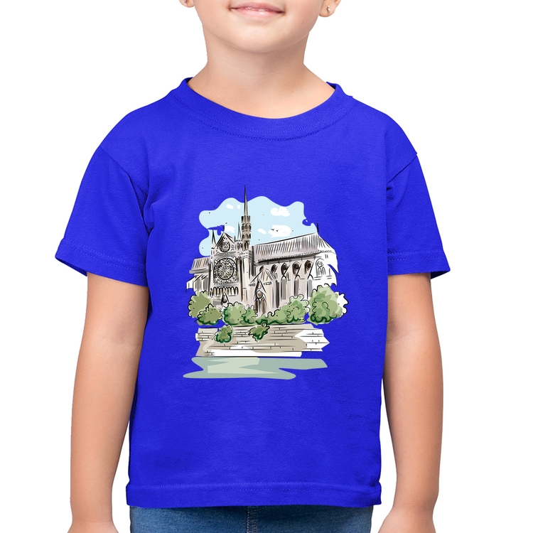 Camiseta Algodão Infantil Catedral de Notre-Dame de Paris - Azul Royal