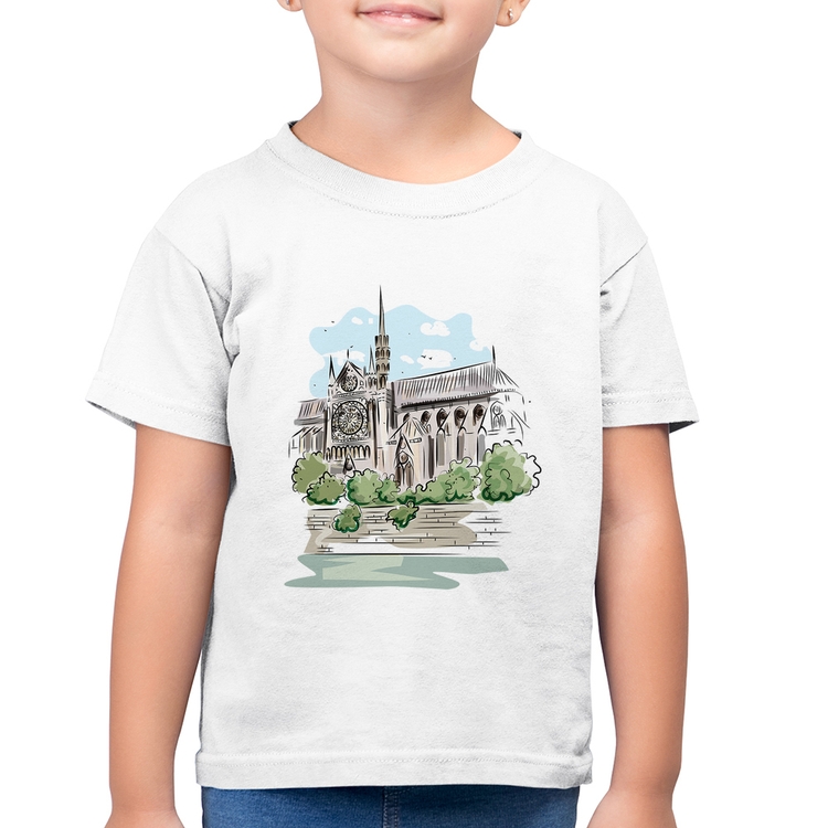 Camiseta Algodão Infantil Catedral de Notre-Dame de Paris - Branca