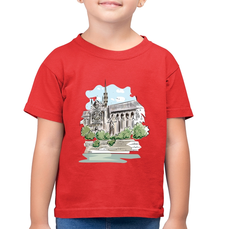 Camiseta Algodão Infantil Catedral de Notre-Dame de Paris - Vermelha