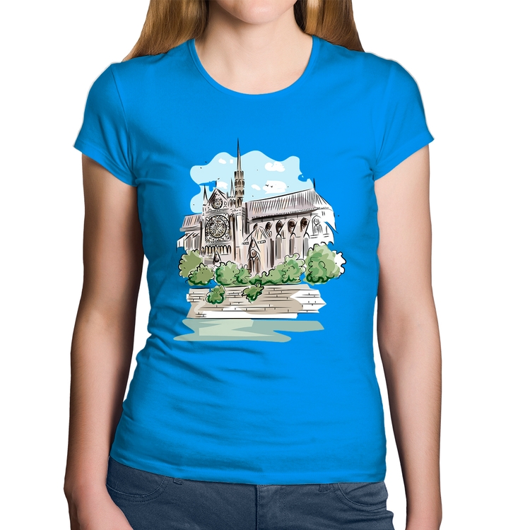 Baby Look Algodão Catedral de Notre-Dame de Paris - Azul