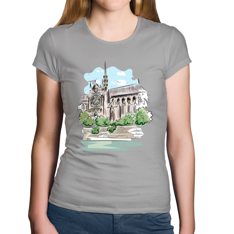 Baby Look Algodão Catedral de Notre-Dame de Paris - Cinza