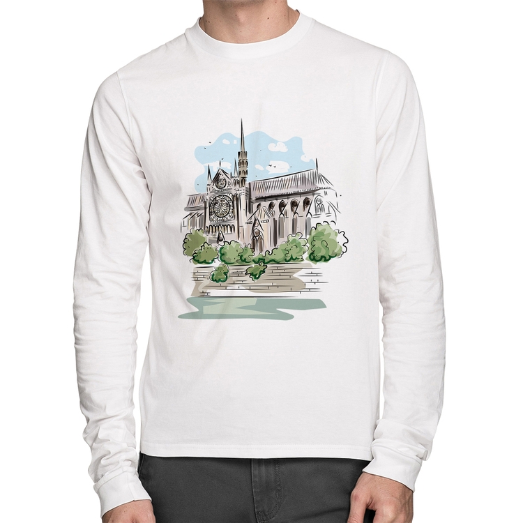 Camiseta Algodão Catedral de Notre-Dame de Paris Manga Longa - Branca
