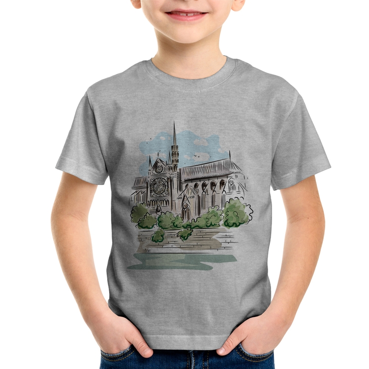 Camiseta Infantil Catedral de Notre-Dame de Paris - Cinza