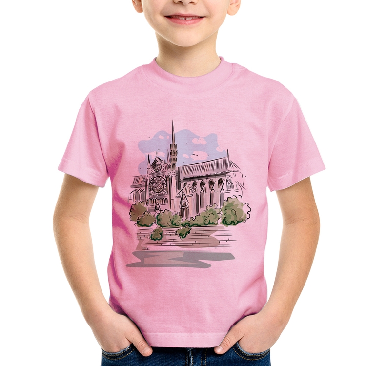 Camiseta Infantil Catedral de Notre-Dame de Paris - Rosa Bebê