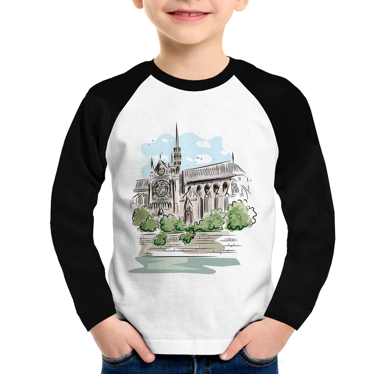 Camiseta Raglan Infantil Catedral de Notre-Dame de Paris Manga Longa