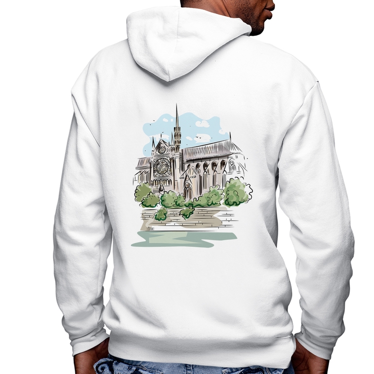 Blusa Moletom Catedral de Notre-Dame de Paris Masculina com Capuz e Zíper - Branca