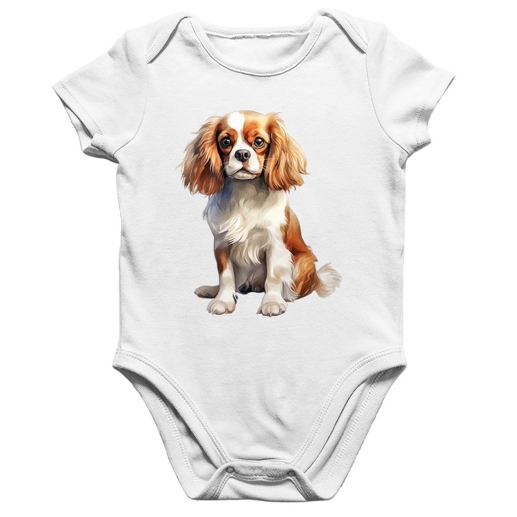 Body Bebê Algodão Cachorro Cavalier King Charles Spaniel Blenheim - Branco
