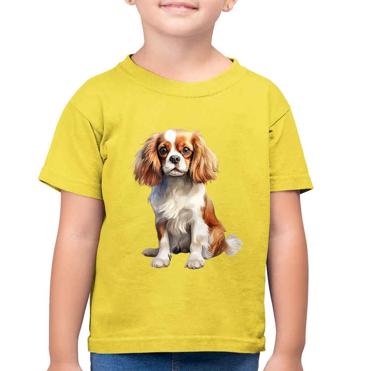 Camiseta Algodão Infantil Cachorro Cavalier King Charles Spaniel Blenheim - Amarelo Canário
