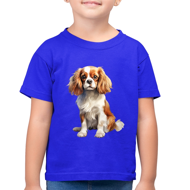 Camiseta Algodão Infantil Cachorro Cavalier King Charles Spaniel Blenheim - Azul Royal